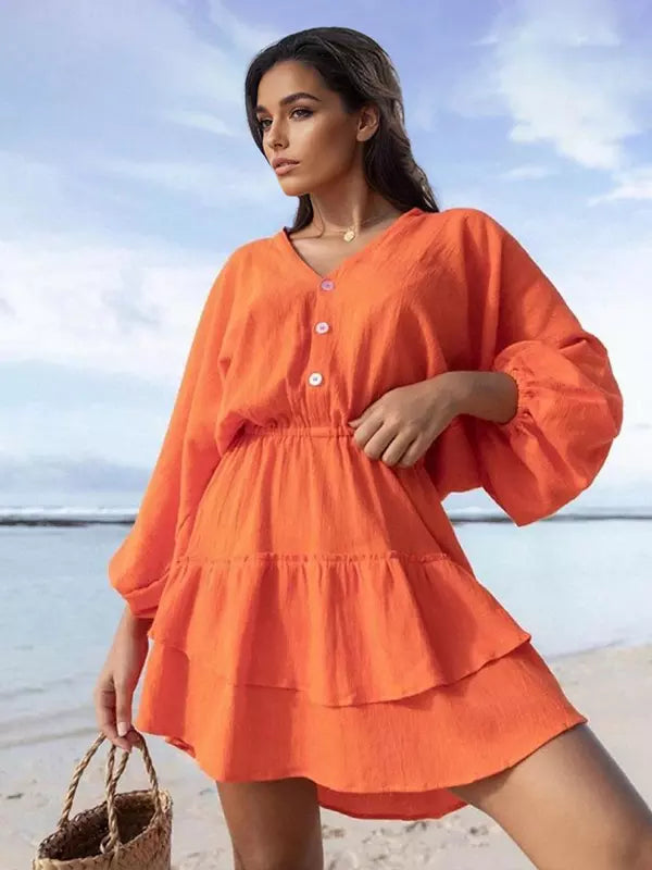 Elegant Polyester Lantern Sleeves Ruffle Hem Skater V-Neck Mini Dress