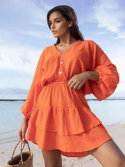 Elegant Polyester Lantern Sleeves Ruffle Hem Skater V-Neck Mini Dress