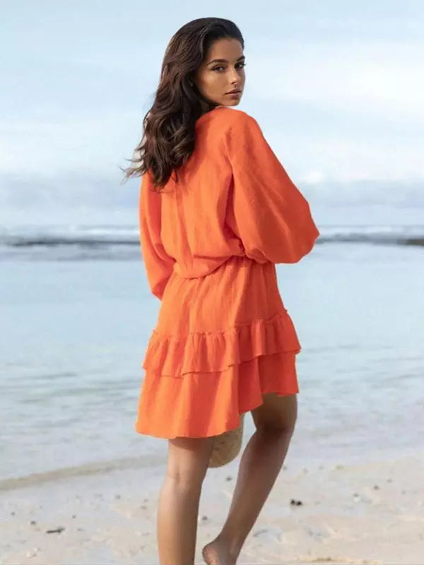 Elegant Polyester Lantern Sleeves Ruffle Hem Skater V-Neck Mini Dress