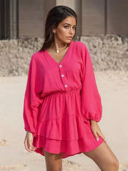 Elegant Polyester Lantern Sleeves Ruffle Hem Skater V-Neck Mini Dress