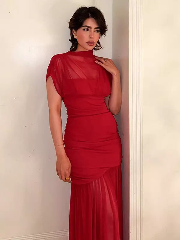 Elegant Polyester Layered Short Sleeve High Neck Ruched Mesh Party Maxi Gown