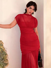 Elegant Polyester Layered Short Sleeve High Neck Ruched Mesh Party Maxi Gown