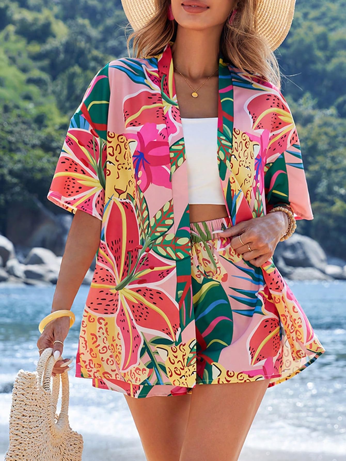 Elegant Polyester Printed Shirts Resort Print Two Piece Set