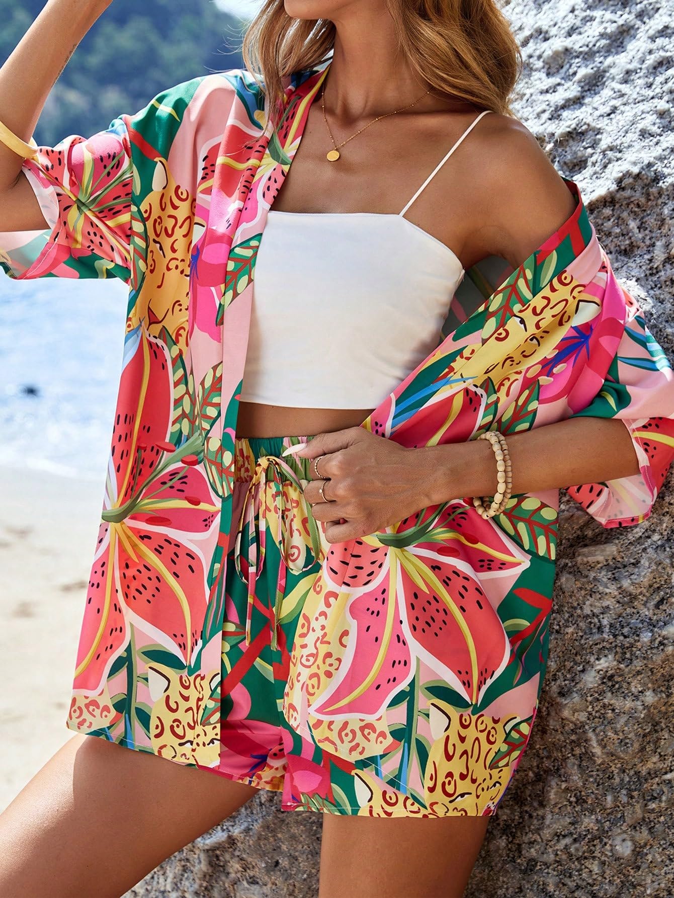 Elegant Polyester Printed Shirts Resort Print Two Piece Set