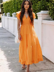 Elegant Polyester Ruffle Daily Casual Sleeve V-Neck Maxi Dress