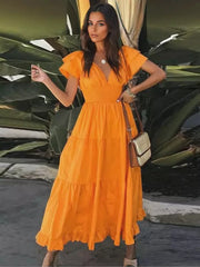 Elegant Polyester Ruffle Daily Casual Sleeve V-Neck Maxi Dress