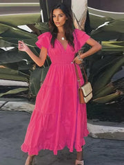 Elegant Polyester Ruffle Daily Casual Sleeve V-Neck Maxi Dress