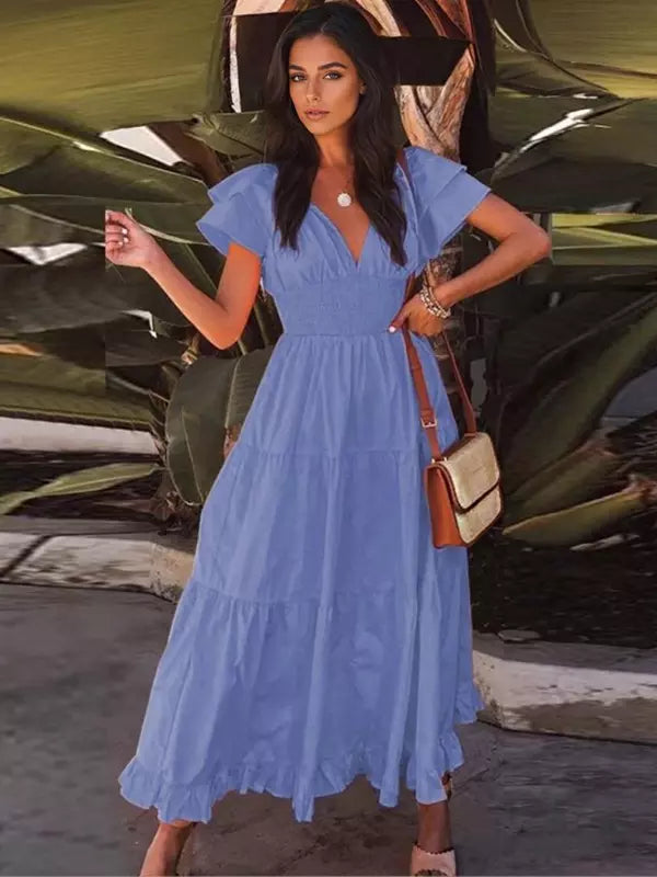 Elegant Polyester Ruffle Daily Casual Sleeve V-Neck Maxi Dress