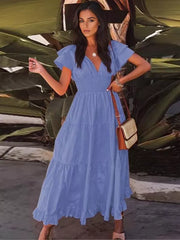 Elegant Polyester Ruffle Daily Casual Sleeve V-Neck Maxi Dress