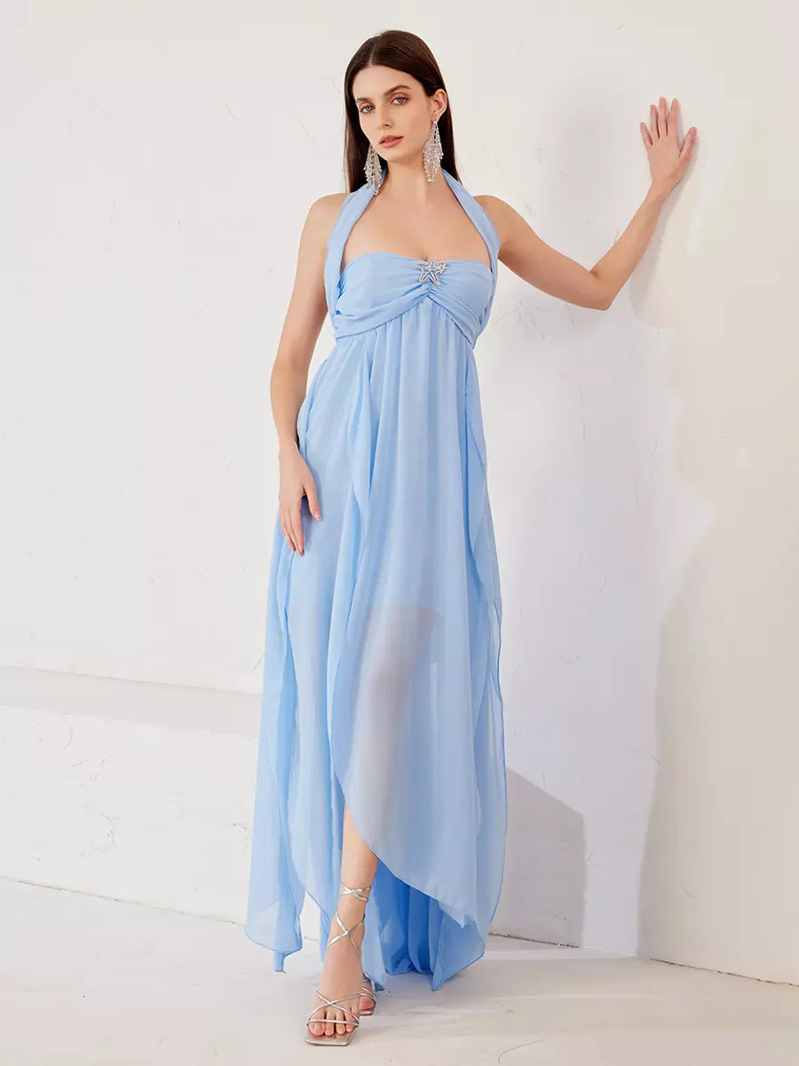 Elegant Polyester Slit Flowy Solid Color Open Shoulder Maxi Dress