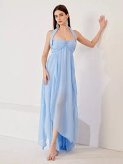 Elegant Polyester Slit Flowy Solid Color Open Shoulder Maxi Dress