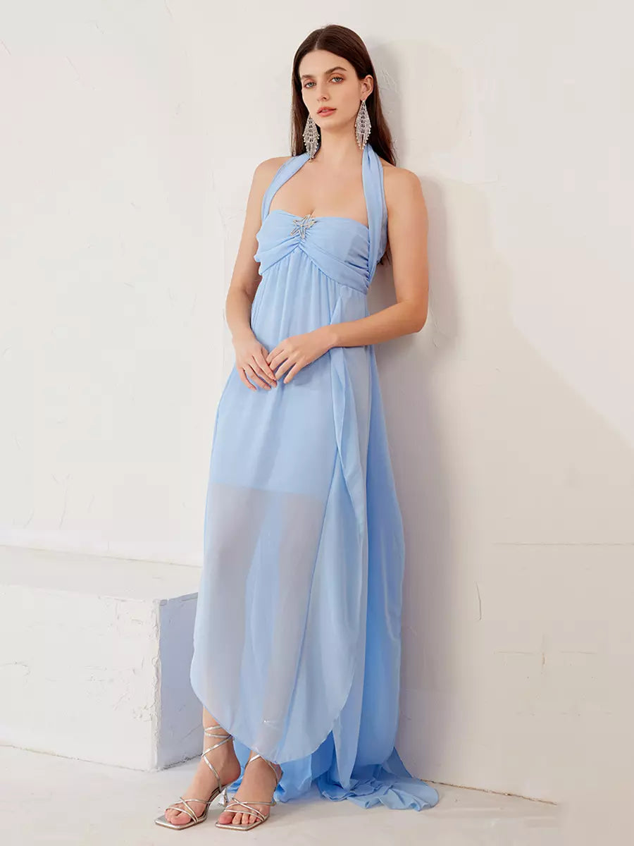 Elegant Polyester Slit Flowy Solid Color Open Shoulder Maxi Dress