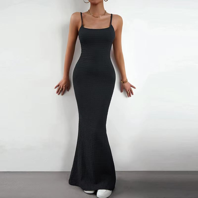 Elegant Polyester Straps Neck Backless Bodycon Pencil Dress