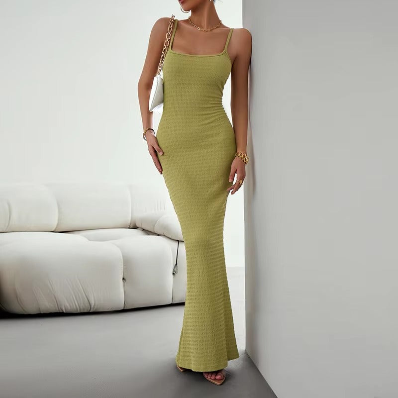 Elegant Polyester Straps Neck Backless Bodycon Pencil Dress