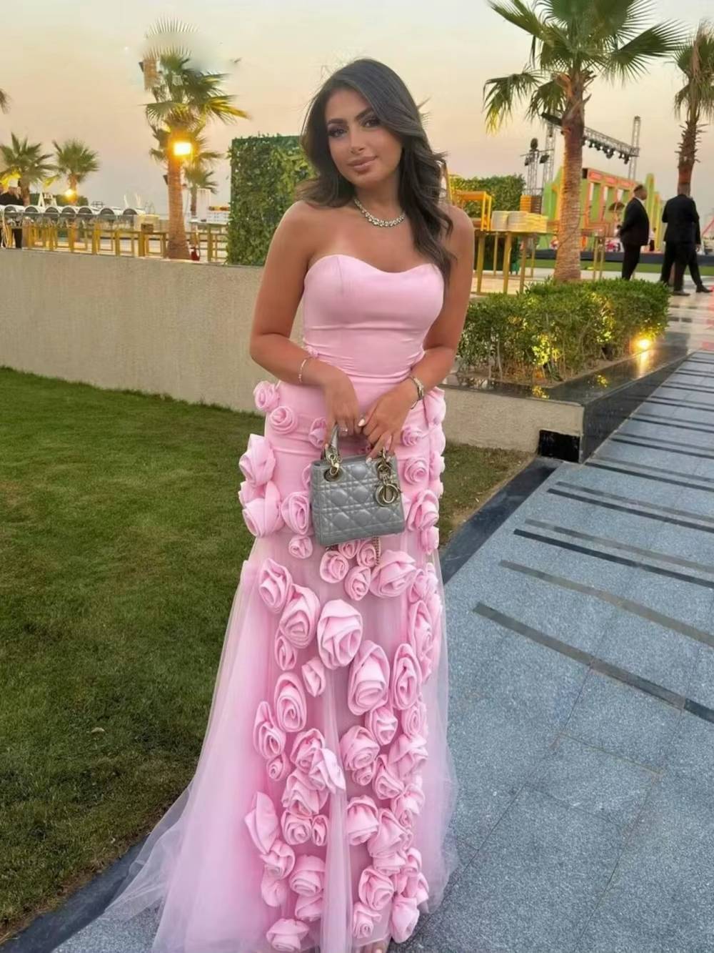 Elegant Preppy Style 3D Flower Side Slit Floor-length Maxi Dress