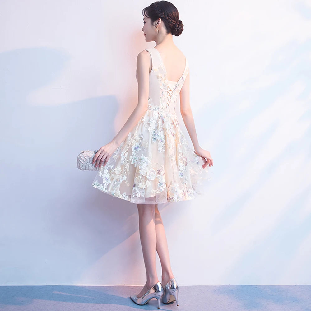 Elegant Pretty V-Neck Student Young Floral Print Bandage Party Flowers Graduation Short Dresses