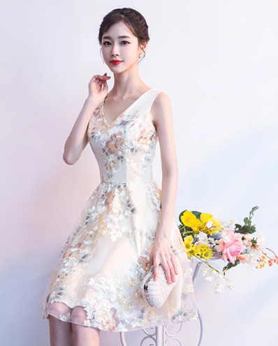 Elegant Pretty V-Neck Student Young Floral Print Bandage Party Flowers Graduation Short Dresses