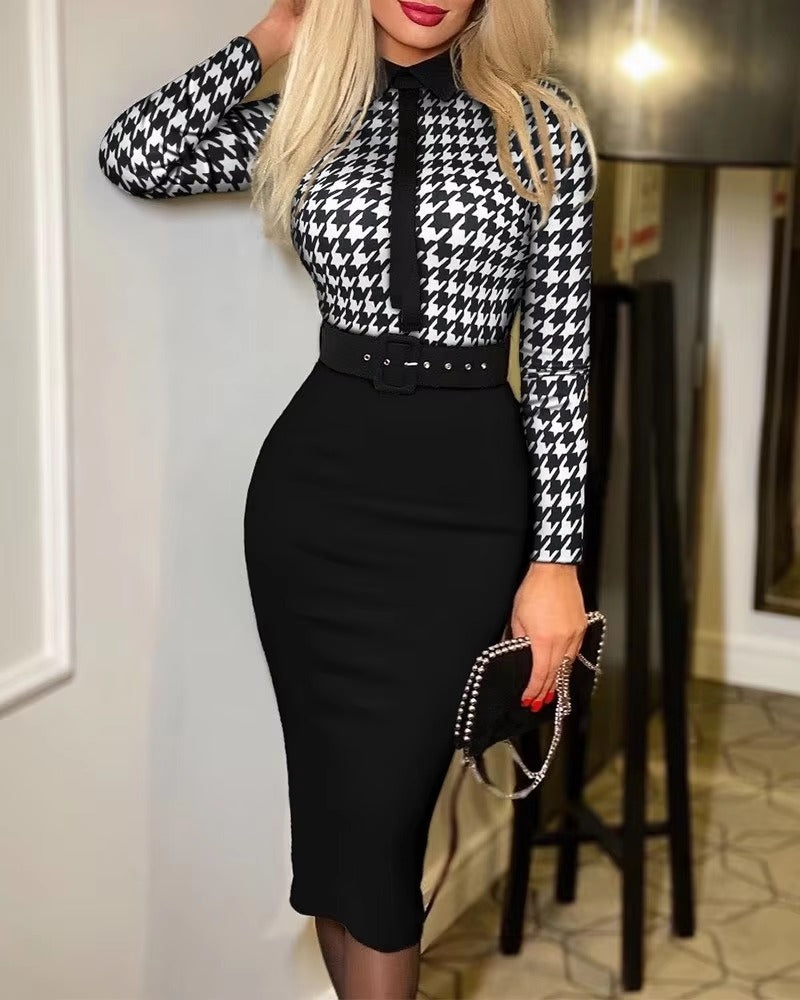 Elegant Print Full Sleeve with Belt Slim Office Lady Bodycon Midi Dress