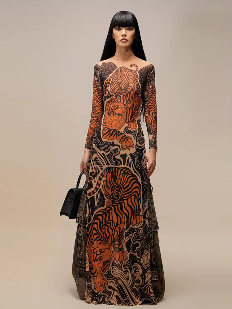 Elegant Print Long Sleeve High Neck High Slits High Skinny Maxi Dress
