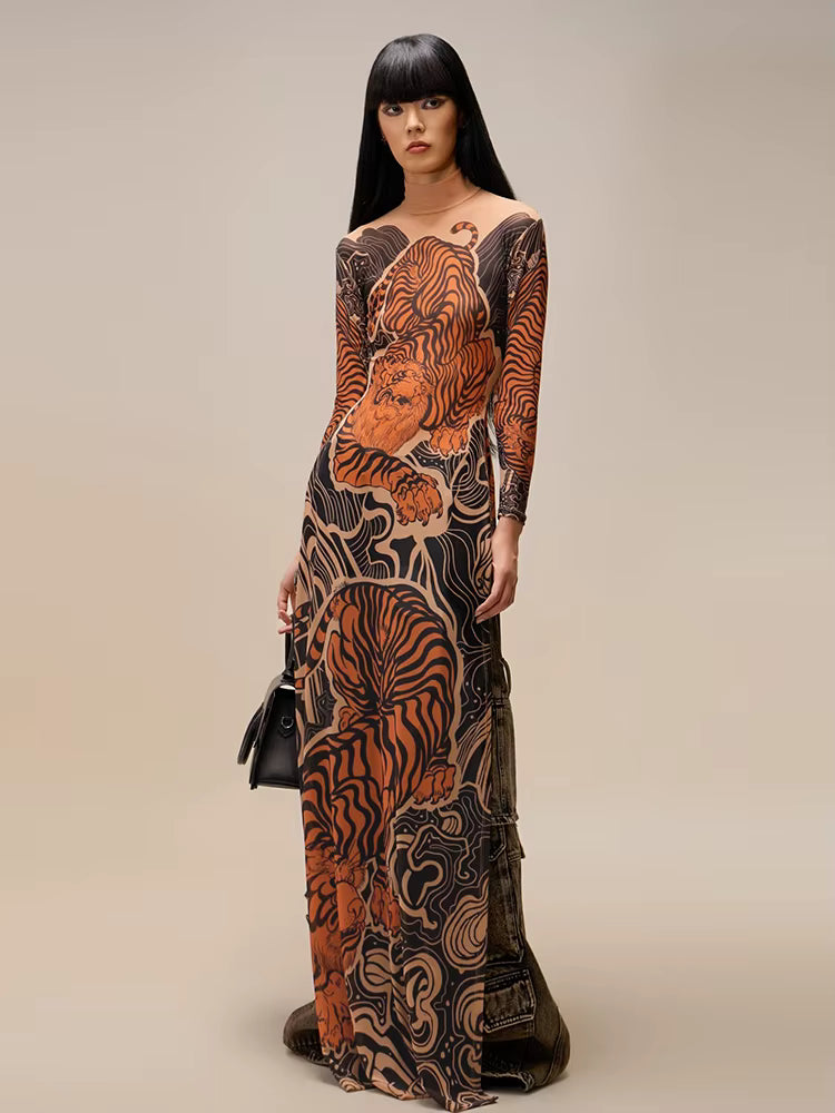 Elegant Print Long Sleeve High Neck High Slits High Skinny Maxi Dress