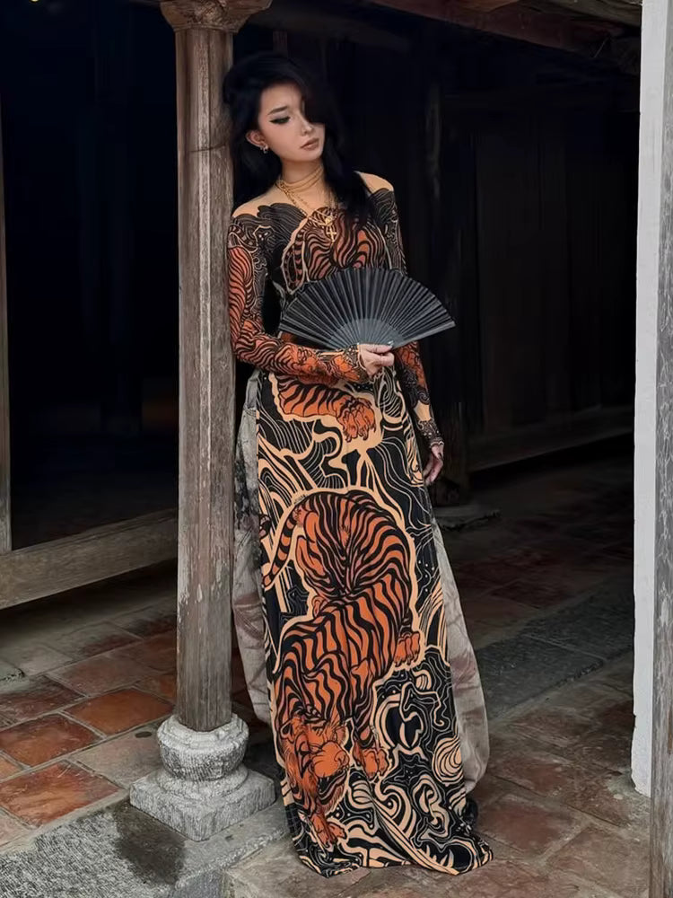 Elegant Print Long Sleeve High Neck High Slits High Skinny Maxi Dress