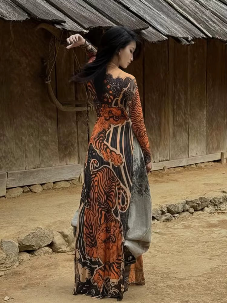 Elegant Print Long Sleeve High Neck High Slits High Skinny Maxi Dress