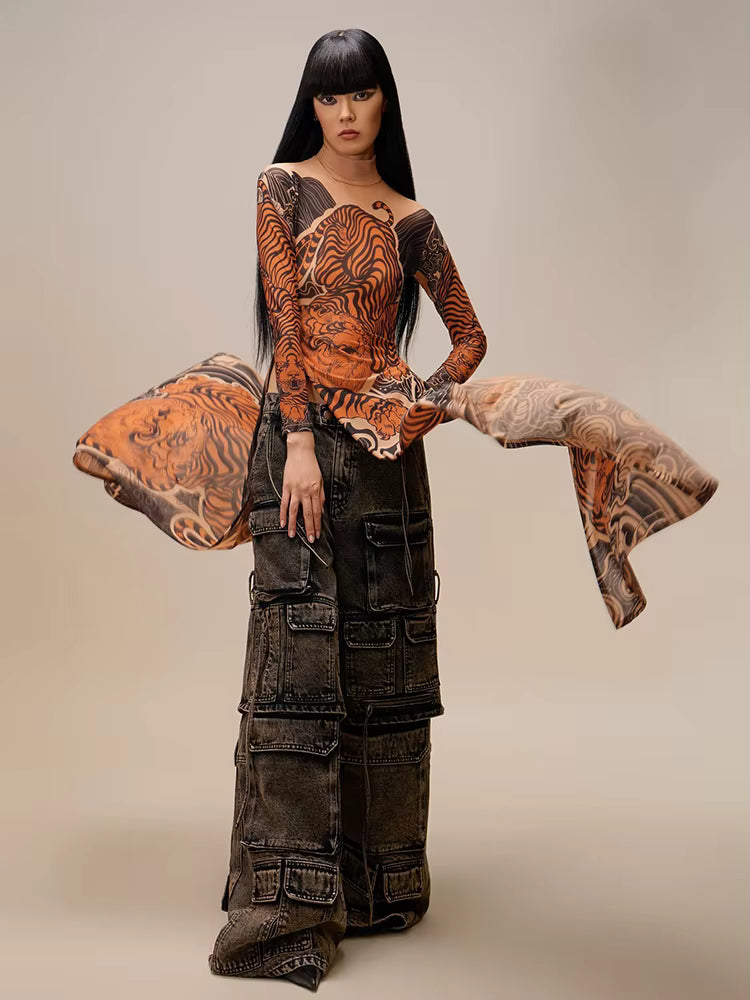 Elegant Print Long Sleeve High Neck High Slits High Skinny Maxi Dress