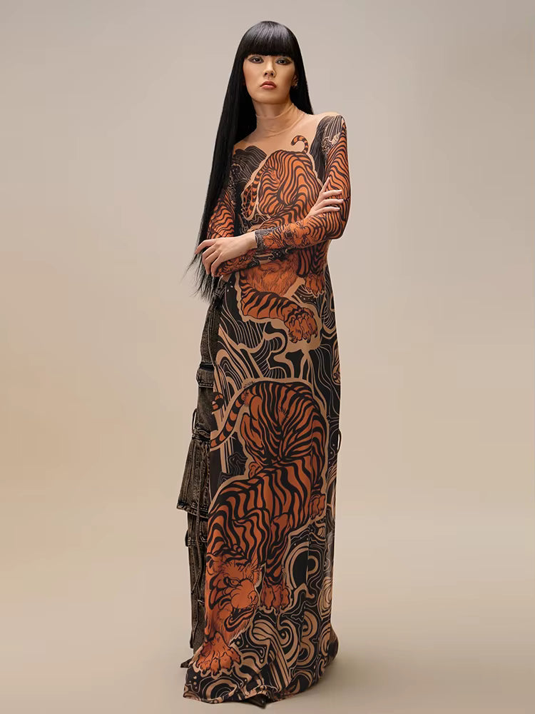 Elegant Print Long Sleeve High Neck High Slits High Skinny Maxi Dress