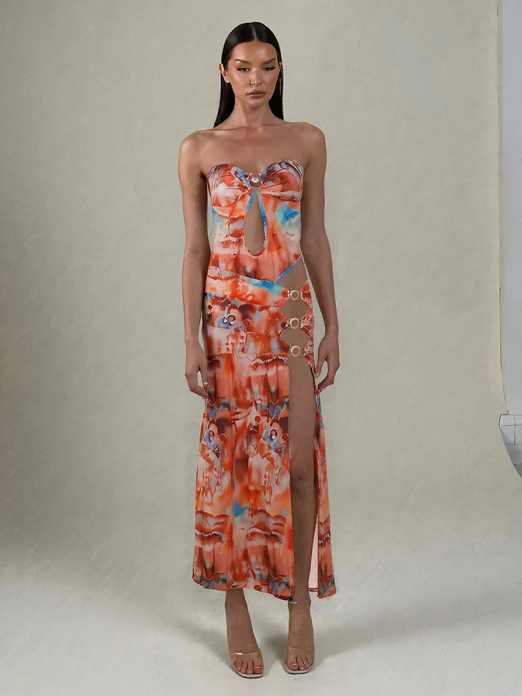 Elegant Print Off Shoulder Backless Irregular Hollow Rings Patchwork Splits Dress