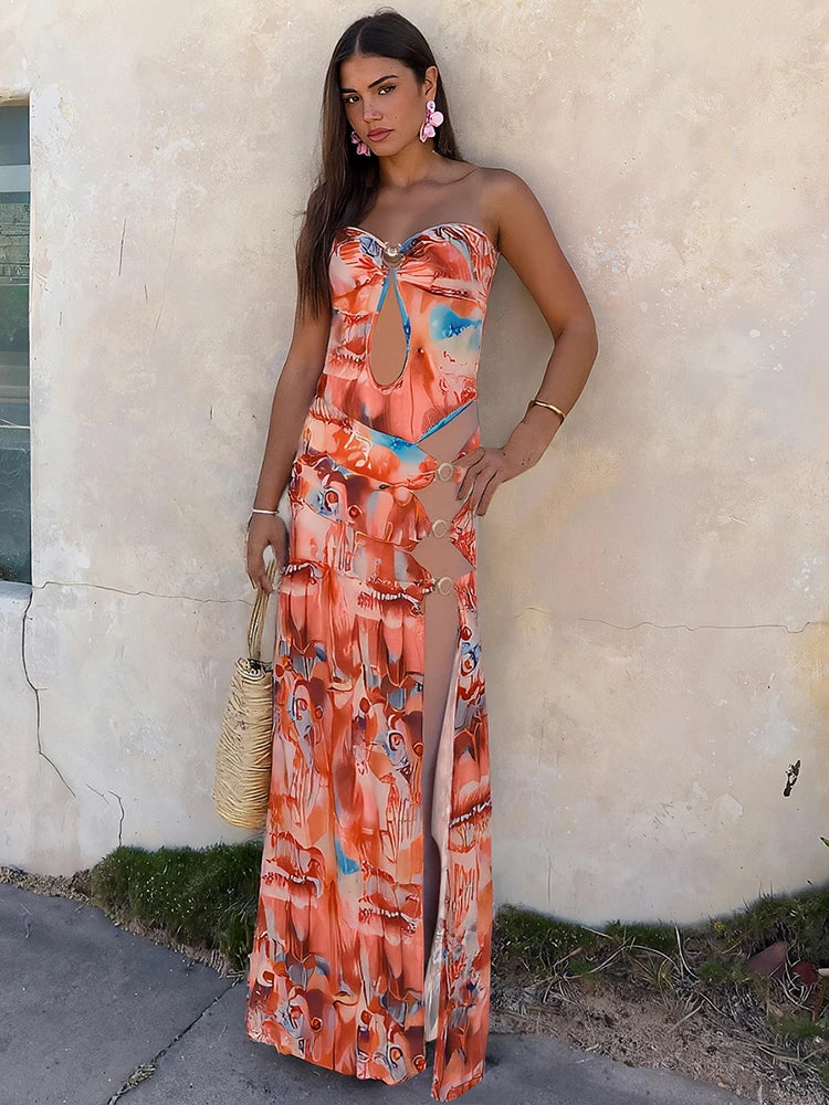 Elegant Print Off Shoulder Backless Irregular Hollow Rings Patchwork Splits Dress