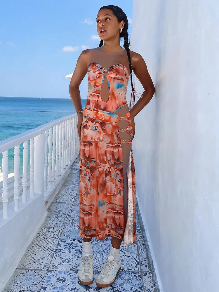 Elegant Print Off Shoulder Backless Irregular Hollow Rings Patchwork Splits Dress