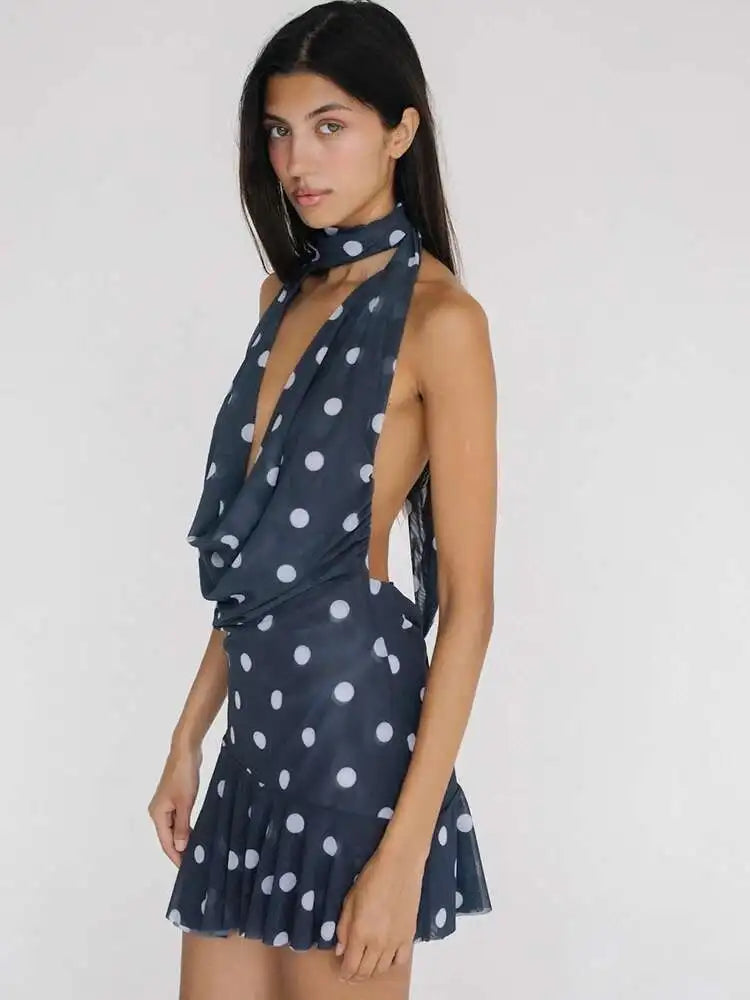 Elegant Print Polka Dot Backless Halter Deep V-neck Bandage Party Club Dress