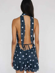 Elegant Print Polka Dot Backless Halter Deep V-neck Bandage Party Club Dress