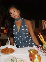 Elegant Print Polka Dot Backless Halter Deep V-neck Bandage Party Club Dress