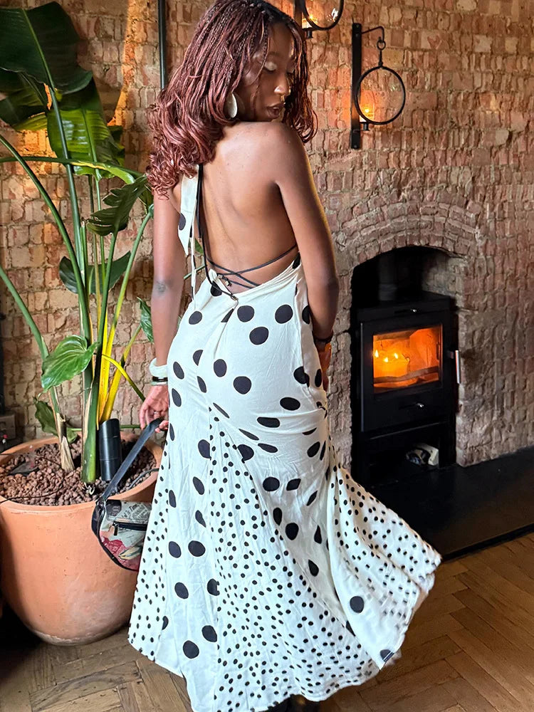 Elegant Print Polka Dot Halter Backless Evening Party Clubwear Maxi Dress
