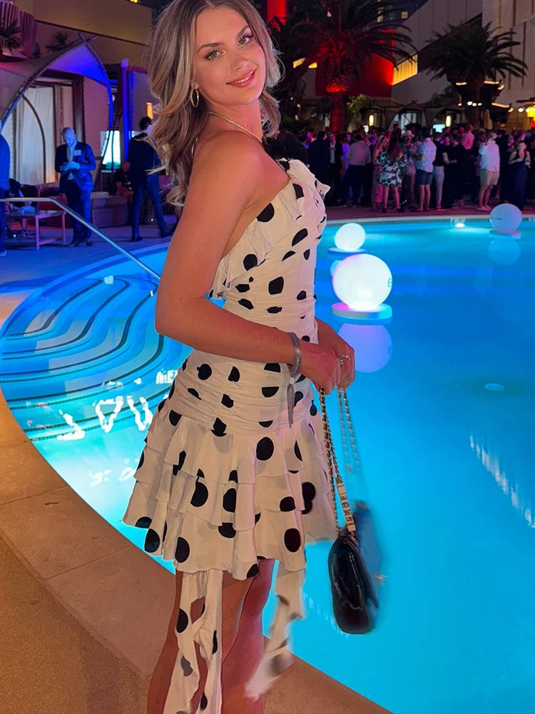 Elegant Print Polka Dot Halter Ruffles Backless High Waist Party Club Dress