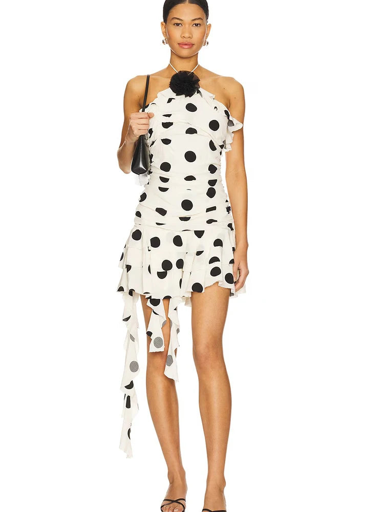 Elegant Print Polka Dot Halter Ruffles Backless High Waist Party Club Dress