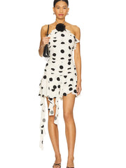 Elegant Print Polka Dot Halter Ruffles Backless High Waist Party Club Dress