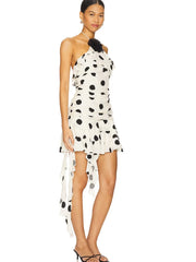 Elegant Print Polka Dot Halter Ruffles Backless High Waist Party Club Dress