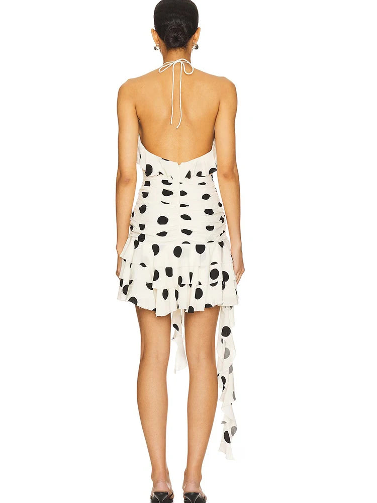 Elegant Print Polka Dot Halter Ruffles Backless High Waist Party Club Dress