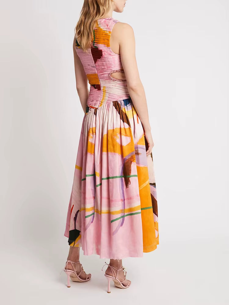 Elegant Print Round Neck Sleeveless Hollow Out High Waist Slim Pleated Midi Dress