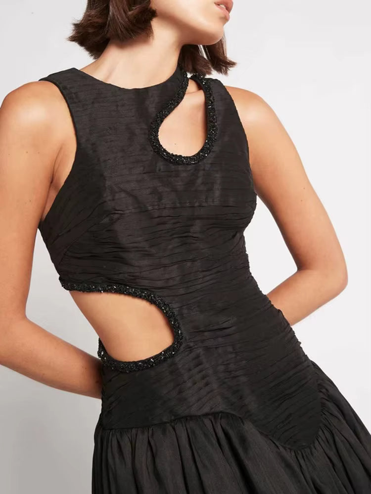Elegant Print Round Neck Sleeveless Hollow Out High Waist Slim Pleated Midi Dress