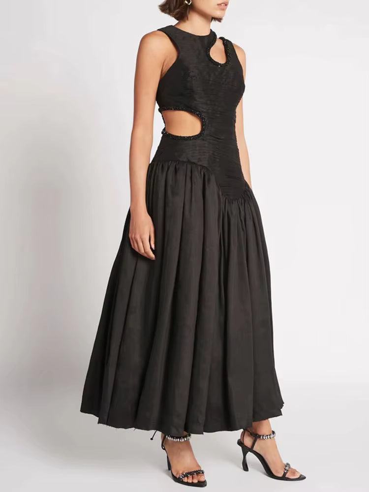 Elegant Print Round Neck Sleeveless Hollow Out High Waist Slim Pleated Midi Dress