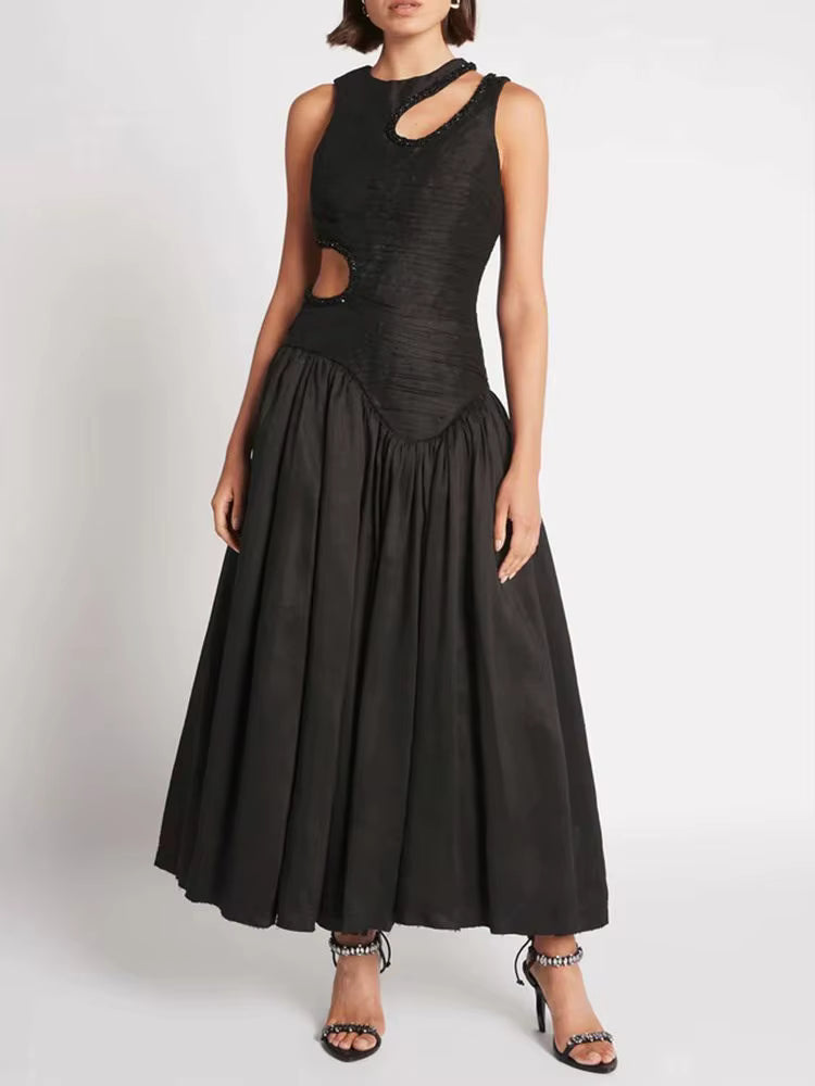 Elegant Print Round Neck Sleeveless Hollow Out High Waist Slim Pleated Midi Dress