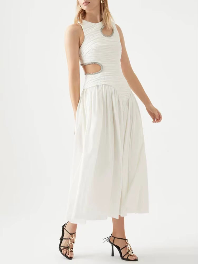 Elegant Print Round Neck Sleeveless Hollow Out High Waist Slim Pleated Midi Dress