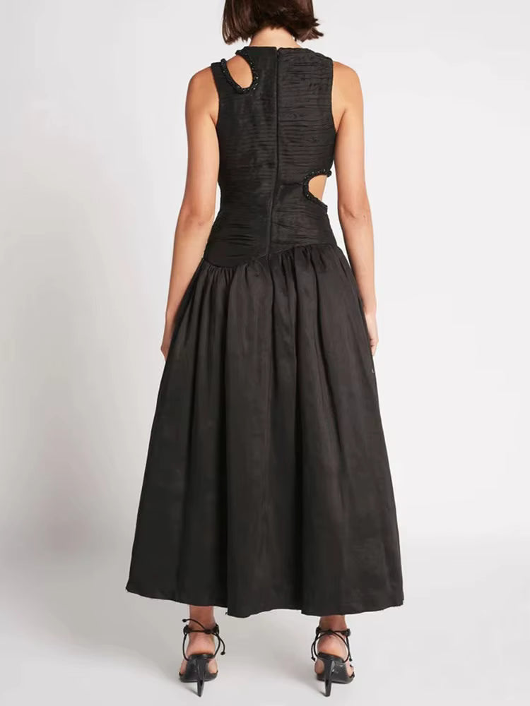 Elegant Print Round Neck Sleeveless Hollow Out High Waist Slim Pleated Midi Dress