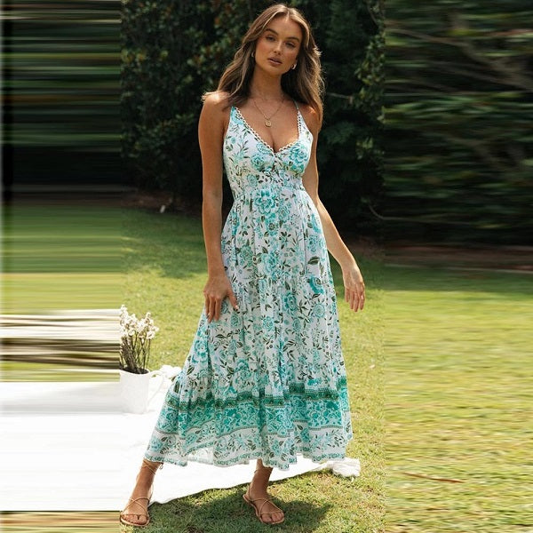 Elegant Print  Sleeveless Lace Up V-neck Midi Dress