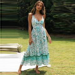 Elegant Print  Sleeveless Lace Up V-neck Midi Dress