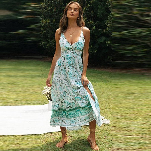 Elegant Print  Sleeveless Lace Up V-neck Midi Dress