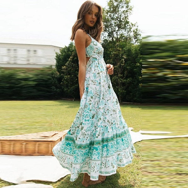 Elegant Print  Sleeveless Lace Up V-neck Midi Dress